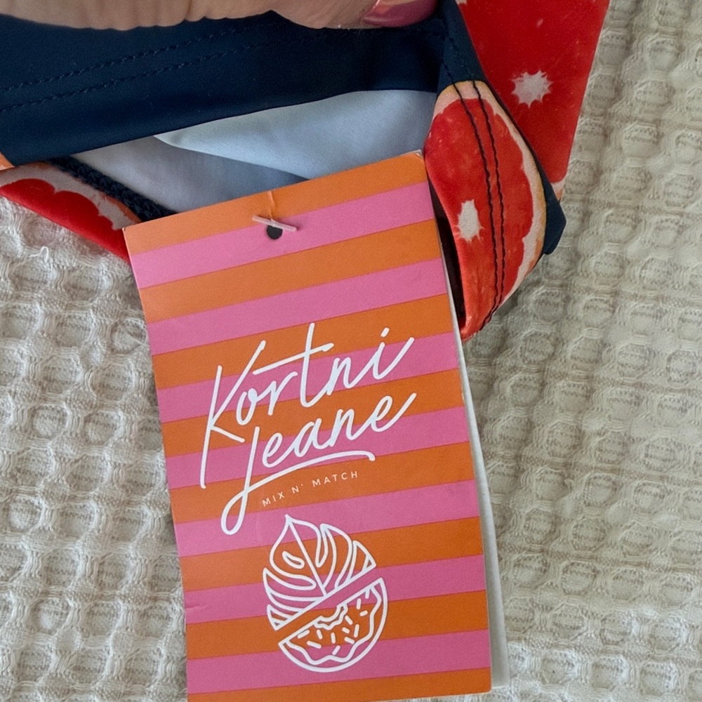 Kortni Jeane Navy Swim Crop Top with Red Citrus Print - Picture 2 of 4